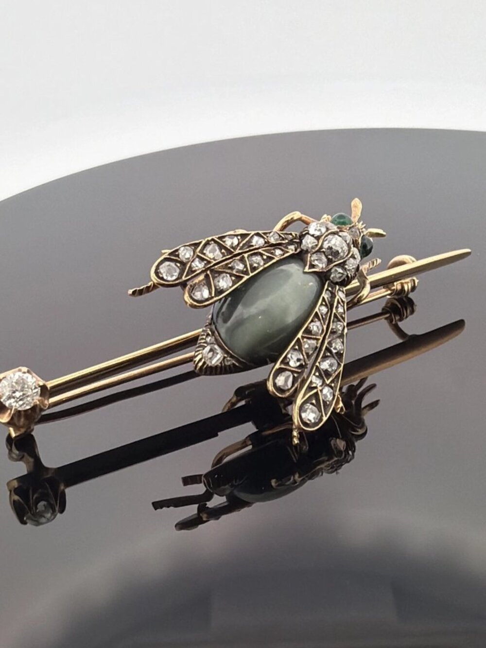 Antique Victorian Bee Brooch 14K Gold & Silver Diamond Emerald Cats Eye Quartz - Picture 2 of 13